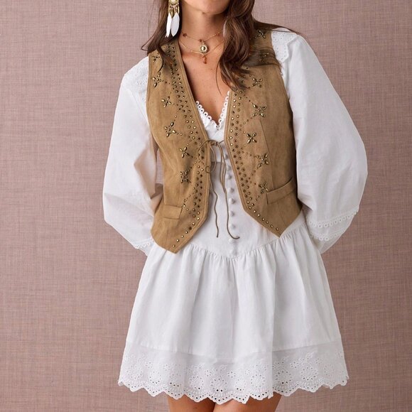 Brown Casual Women's Rhinestone Decor Western Style Front Tie Vest Jacket - Picture 5 of 8